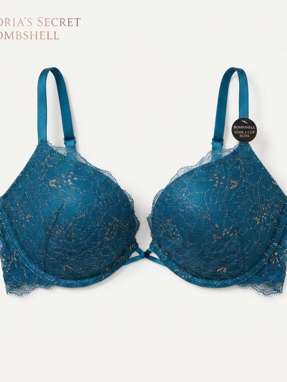 NWT Victoria's Secret Bombshell Lace Push-Up Bra 36C Teal Blue Gold Shimmer